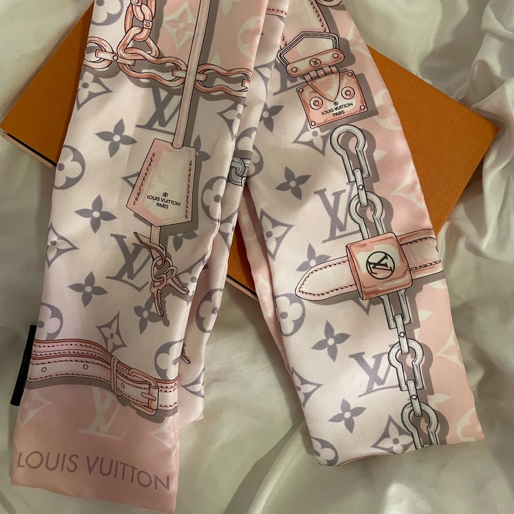 Louis Vuitton Pink and Gray Monogram Silk Scarf Twilly